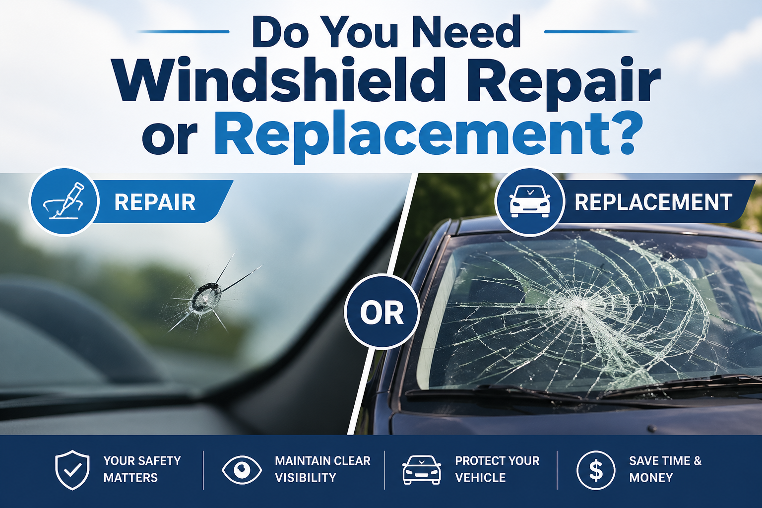 Comparison between windshield repair and replacement, featuring a small chip on one side and a severely cracked windshield on the other, with the headline “Do You Need Windshield Repair or Replacement?” and icons highlighting safety, visibility, vehicle protection, and cost savings.
