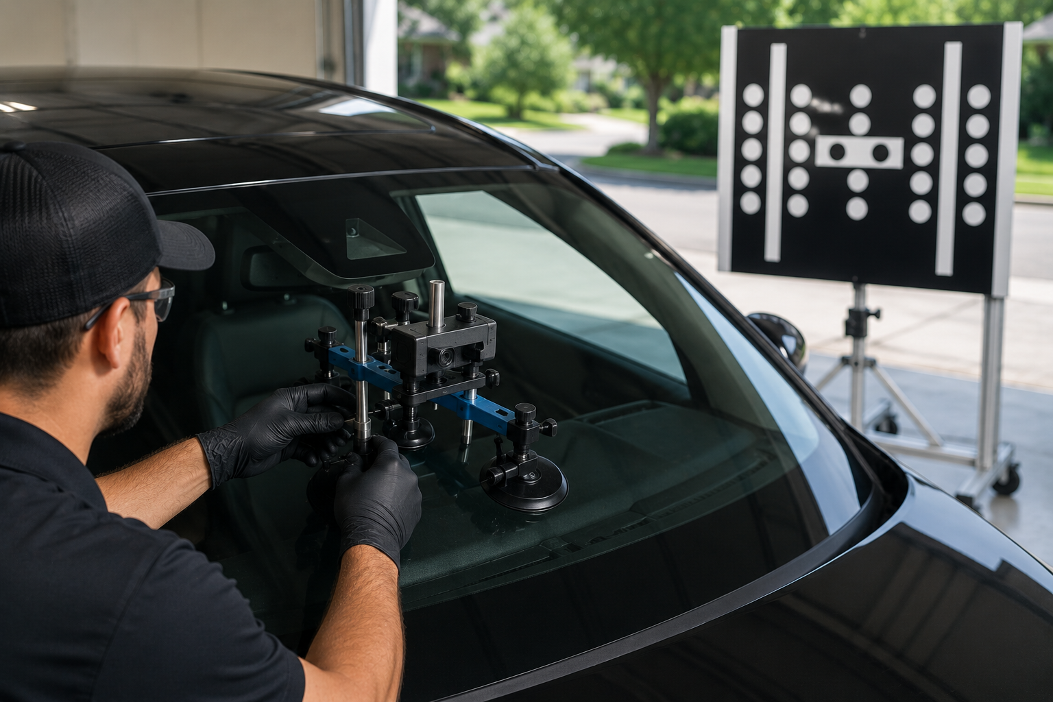 Auto glass technician performing ADAS windshield calibration on a modern vehicle using professional alignment equipment and calibration targets to ensure safety cameras and driver assistance systems function correctly after windshield replacement.