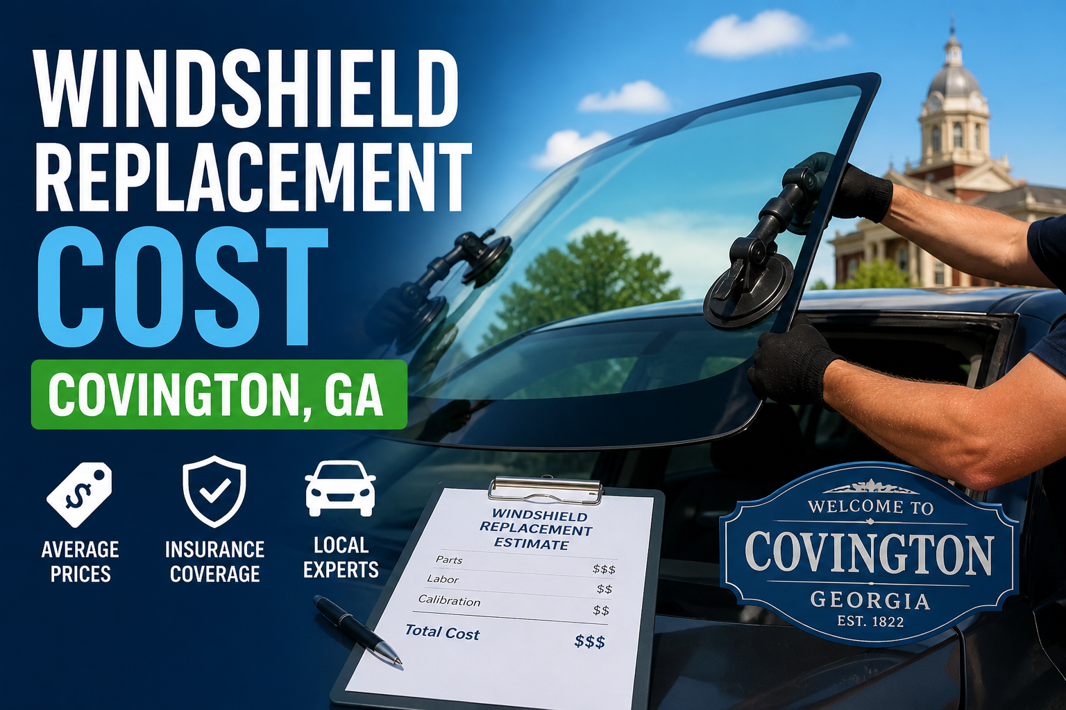 Auto glass technician replacing windshield with pricing sheet showing average windshield replacement cost in Covington Georgia