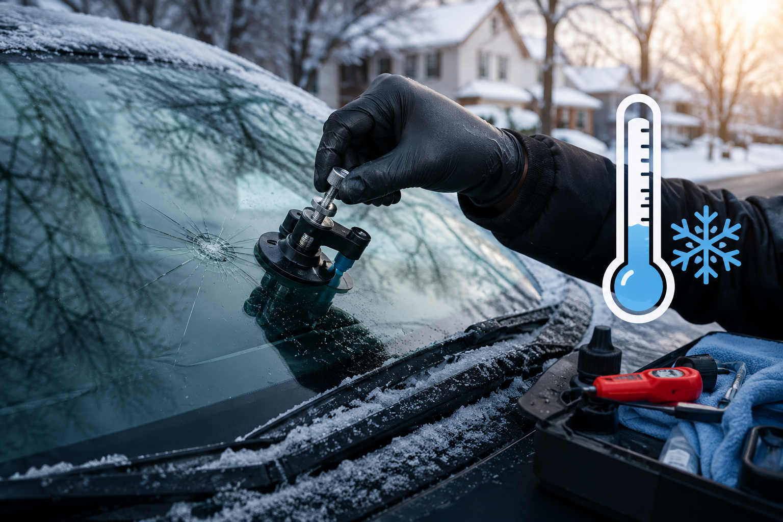 Technician performing windshield chip repair on a cracked windshield during cold winter weather, with frost on the vehicle and specialized repair equipment used to restore damaged auto glass safely.