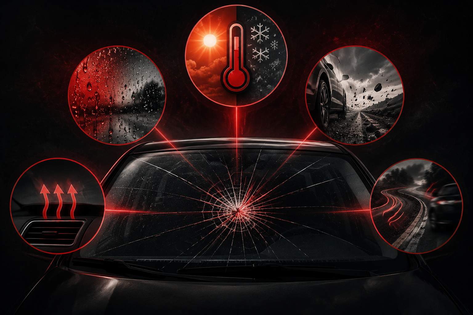 Dark red and black graphic showing a cracked windshield with visual elements representing heat, cold weather, moisture, road vibration, and debris that can cause windshield cracks to spread.