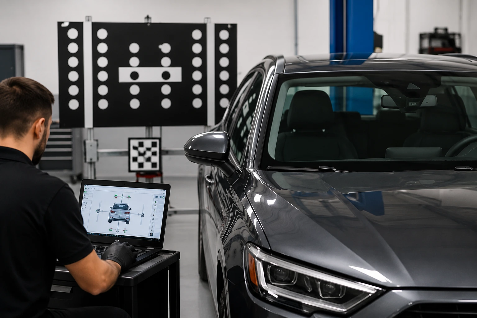 Technician performing ADAS calibration on a vehicle after windshield replacement using diagnostic equipment.