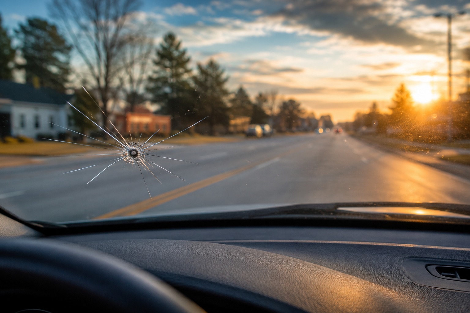 Close-up view from inside a vehicle showing a small rock chip with spider cracks in a windshield, overlooking a road at sunrise, illustrating how minor windshield damage can spread into larger cracks.