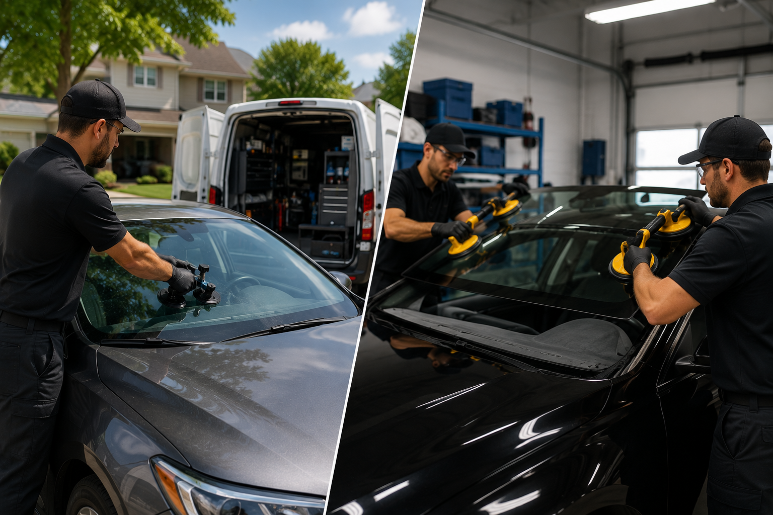 Split-screen comparison showing a mobile auto glass technician replacing a windshield at a customer’s home and technicians installing a windshield inside a professional auto glass shop, highlighting the differences between mobile and in-shop auto glass repair services