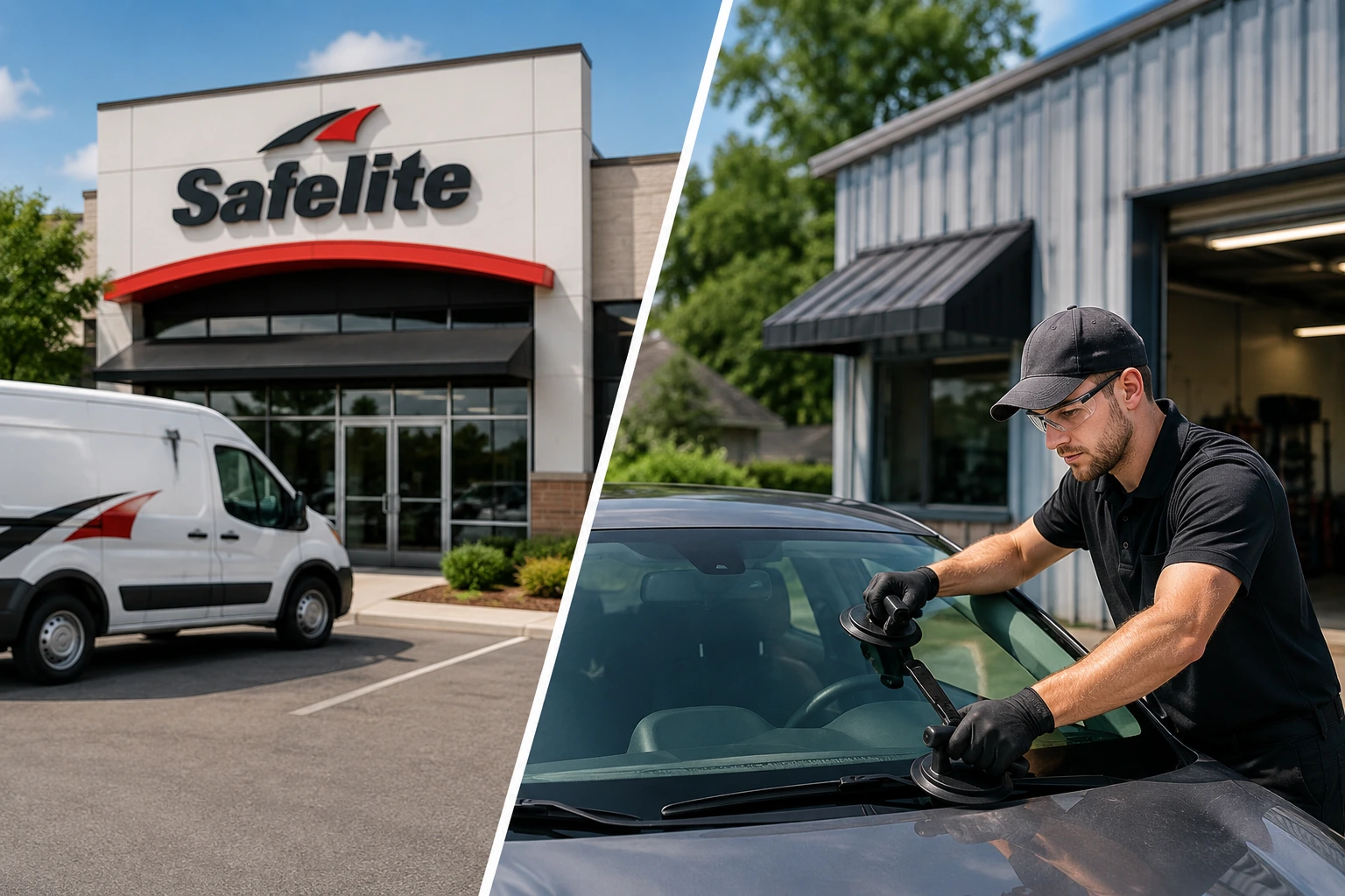 Windshield replacement technician performing auto glass repair at a local auto glass shop compared with a national auto glass company for drivers researching Safelite alternatives.