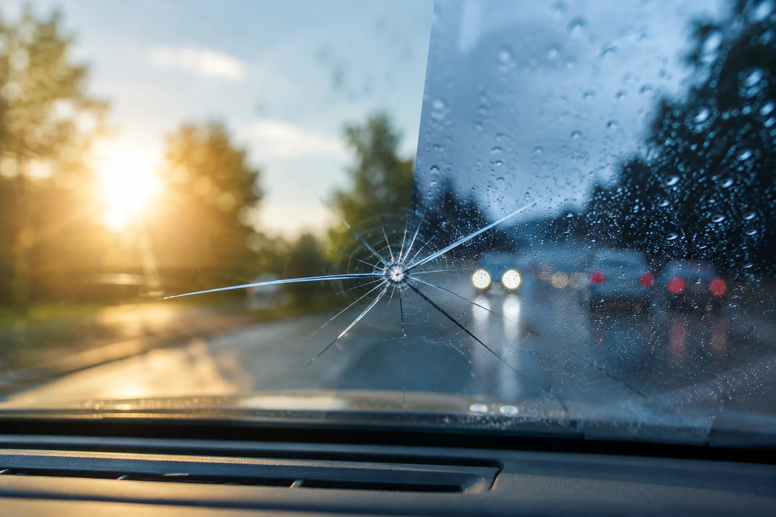 View from inside a vehicle through a windshield with a rock chip and spreading crack, illustrating how hot weather, cold temperatures, rain, and sudden temperature changes can worsen windshield damage.
