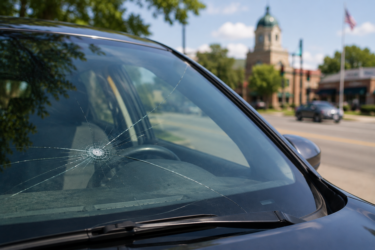 Vehicle with a cracked windshield parked outdoors while a driver and auto glass technician inspect the damage, highlighting windshield safety concerns, visibility issues, and repair or replacement decisions for Georgia drivers.