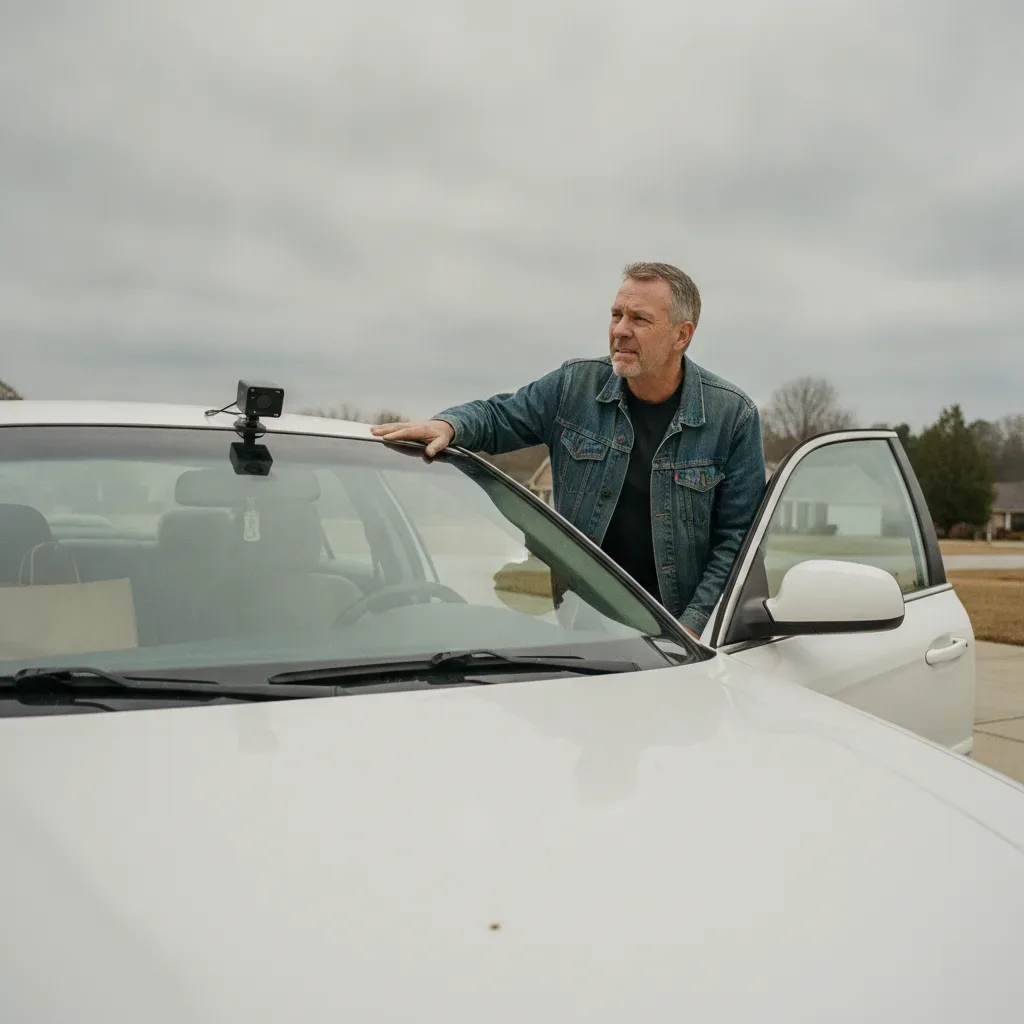 A vehicle owner peers at the camera module mounted behind a sedan's rearview mirror in a residential driveway.