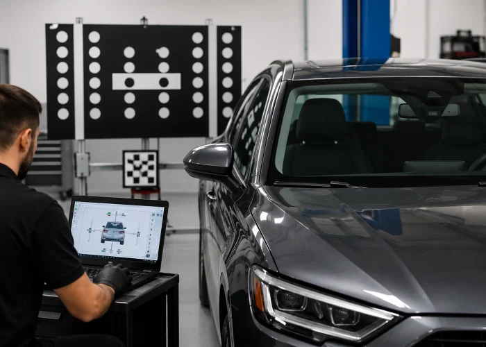 Technician performing ADAS calibration on a vehicle after windshield replacement using diagnostic equipment.