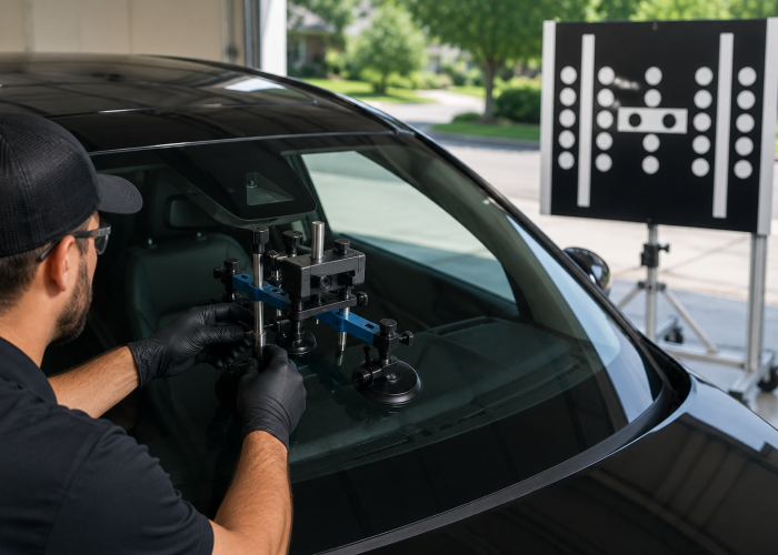 Auto glass technician performing ADAS windshield calibration on a modern vehicle using professional alignment equipment and calibration targets to ensure safety cameras and driver assistance systems function correctly after windshield replacement.