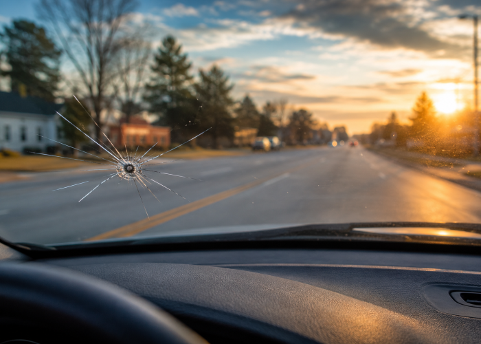 Close-up view from inside a vehicle showing a small rock chip with spider cracks in a windshield, overlooking a road at sunrise, illustrating how minor windshield damage can spread into larger cracks.