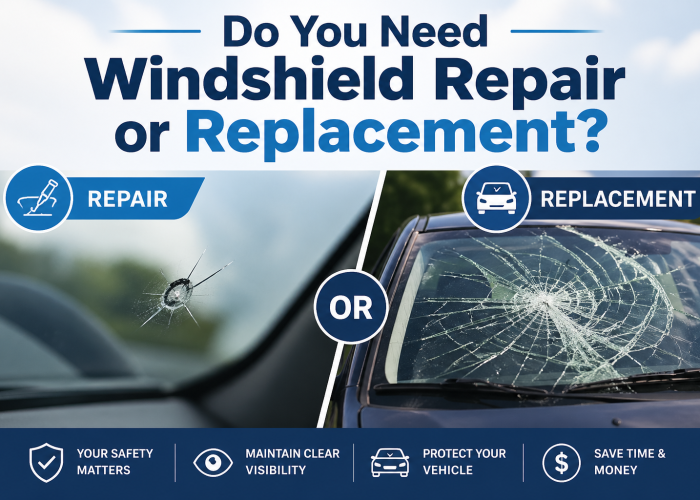 Comparison between windshield repair and replacement, featuring a small chip on one side and a severely cracked windshield on the other, with the headline “Do You Need Windshield Repair or Replacement?” and icons highlighting safety, visibility, vehicle protection, and cost savings.