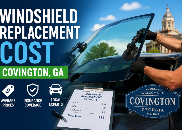 Auto glass technician replacing windshield with pricing sheet showing average windshield replacement cost in Covington Georgia