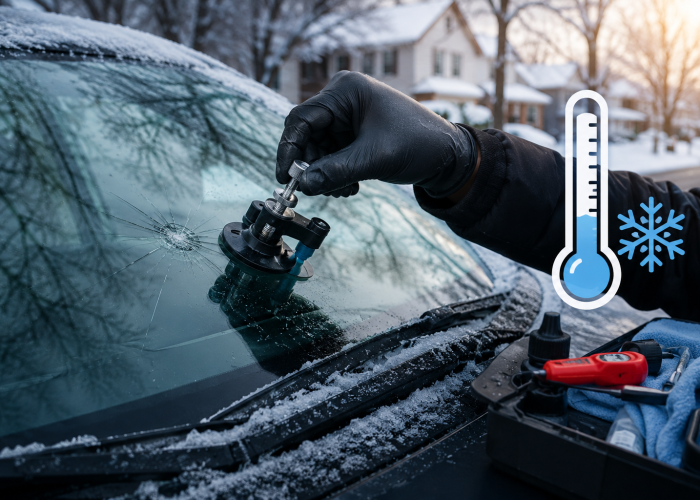 Technician performing windshield chip repair on a cracked windshield during cold winter weather, with frost on the vehicle and specialized repair equipment used to restore damaged auto glass safely.