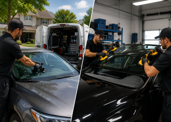 Split-screen comparison showing a mobile auto glass technician replacing a windshield at a customer’s home and technicians installing a windshield inside a professional auto glass shop, highlighting the differences between mobile and in-shop auto glass repair services