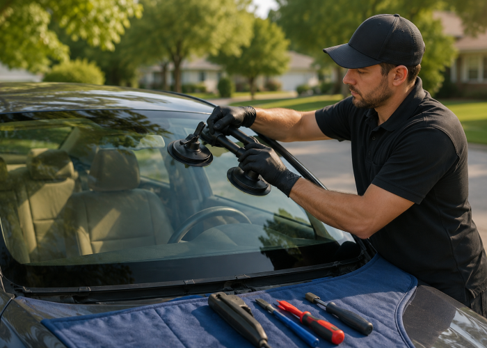 Certified mobile auto glass technician replacing a vehicle windshield at a residential location using professional installation tools and safety equipment.