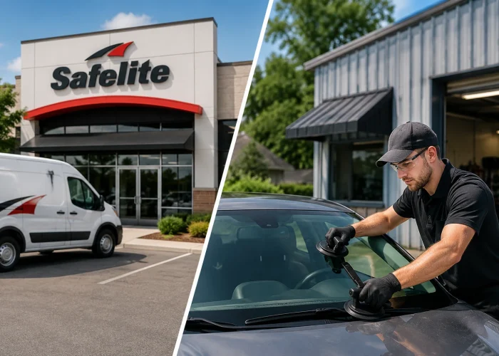 Windshield replacement technician performing auto glass repair at a local auto glass shop compared with a national auto glass company for drivers researching Safelite alternatives.