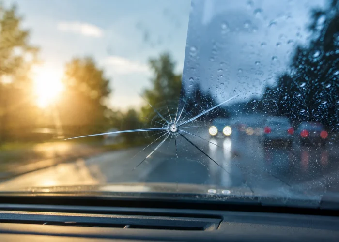 View from inside a vehicle through a windshield with a rock chip and spreading crack, illustrating how hot weather, cold temperatures, rain, and sudden temperature changes can worsen windshield damage.