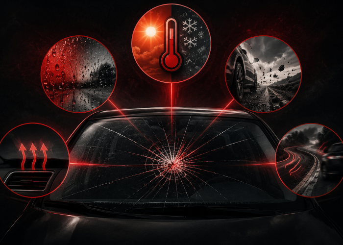 Dark red and black graphic showing a cracked windshield with visual elements representing heat, cold weather, moisture, road vibration, and debris that can cause windshield cracks to spread.