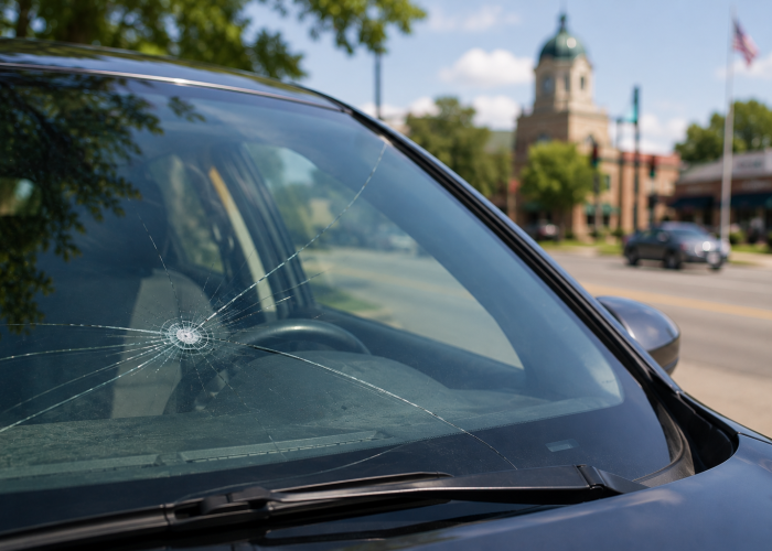 Vehicle with a cracked windshield parked outdoors while a driver and auto glass technician inspect the damage, highlighting windshield safety concerns, visibility issues, and repair or replacement decisions for Georgia drivers.