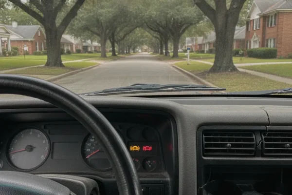 Amber ADAS warning icons glow on a truck's instrument cluster while parked on a residential street lined with oak trees.