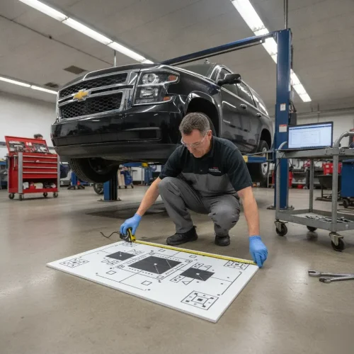 A technician positions a geometric calibration target board on a shop floor in front of an SUV during an ADAS calibration procedure.