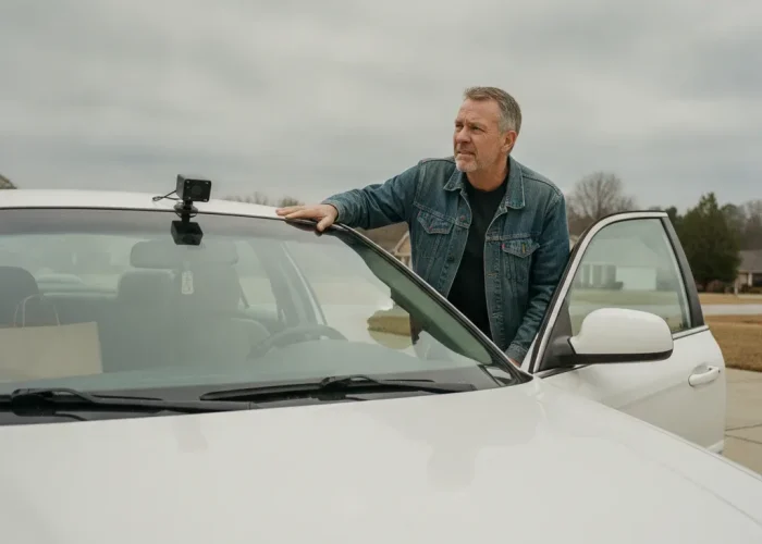A vehicle owner peers at the camera module mounted behind a sedan's rearview mirror in a residential driveway.
